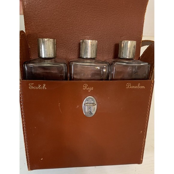 Vtg 1950s Homa TRAVEL BAR Brown Leather Case /w Bottles Scotch, Rye, & Bourbon - Picture 1 of 10